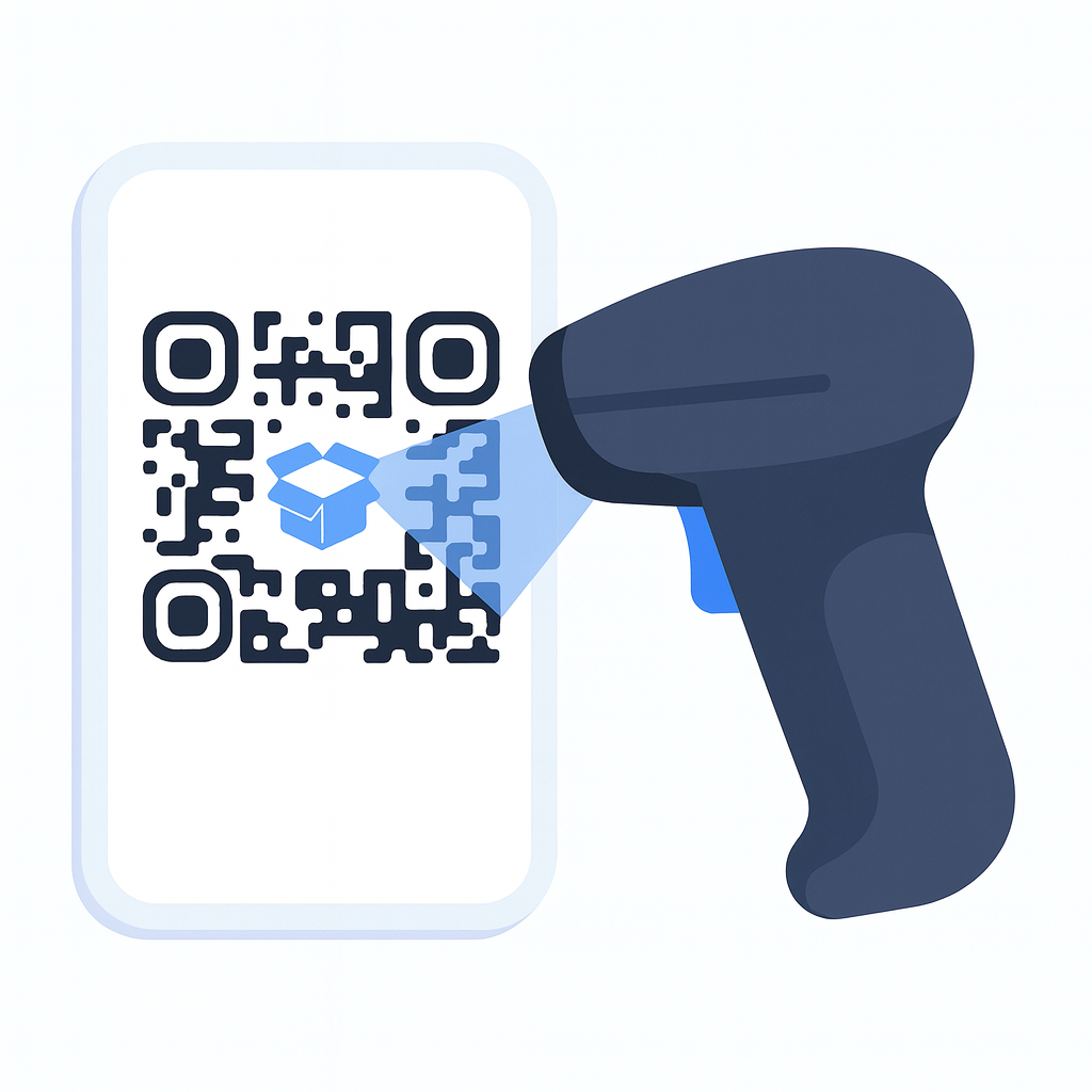 Warehouse scan workflow showing printed label attached to parcel